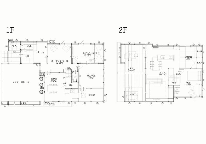 注文住宅の1F・2F間取り図・インナーガレージと事務所スペース、キッズスペースロフト付き2階建ての平面図