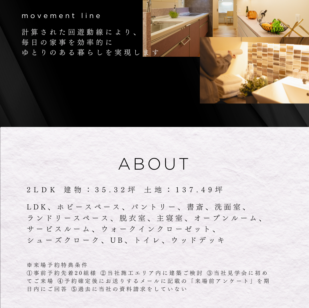 モダンな注文住宅のインテリア写真と物件概要。「計算された回遊動線」というテキストと共に、キッチンや洗面室などの内観がコラージュされている。