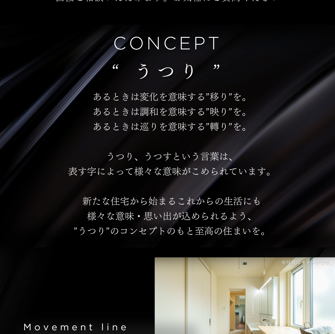 住宅のデザインコンセプト「うつり」を解説する画像。「移り（変化）」「映り（調和）」「轉り（巡り）」という言葉に込められた想いを説明している。