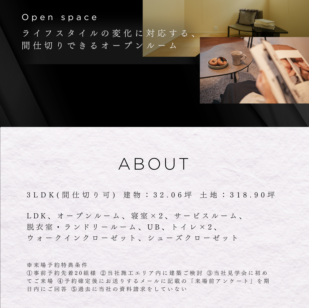 間仕切り可能な3LDK住宅の物件概要。建物32.06坪、オープンルームやウォークインクローゼ-ットなどの間取り情報を記載。
