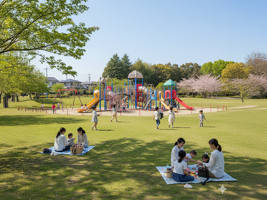 新緑と桜が咲く公園で、ピクニックを楽しむ家族連れと、大型遊具で遊ぶ子どもたちの賑やかな様子。