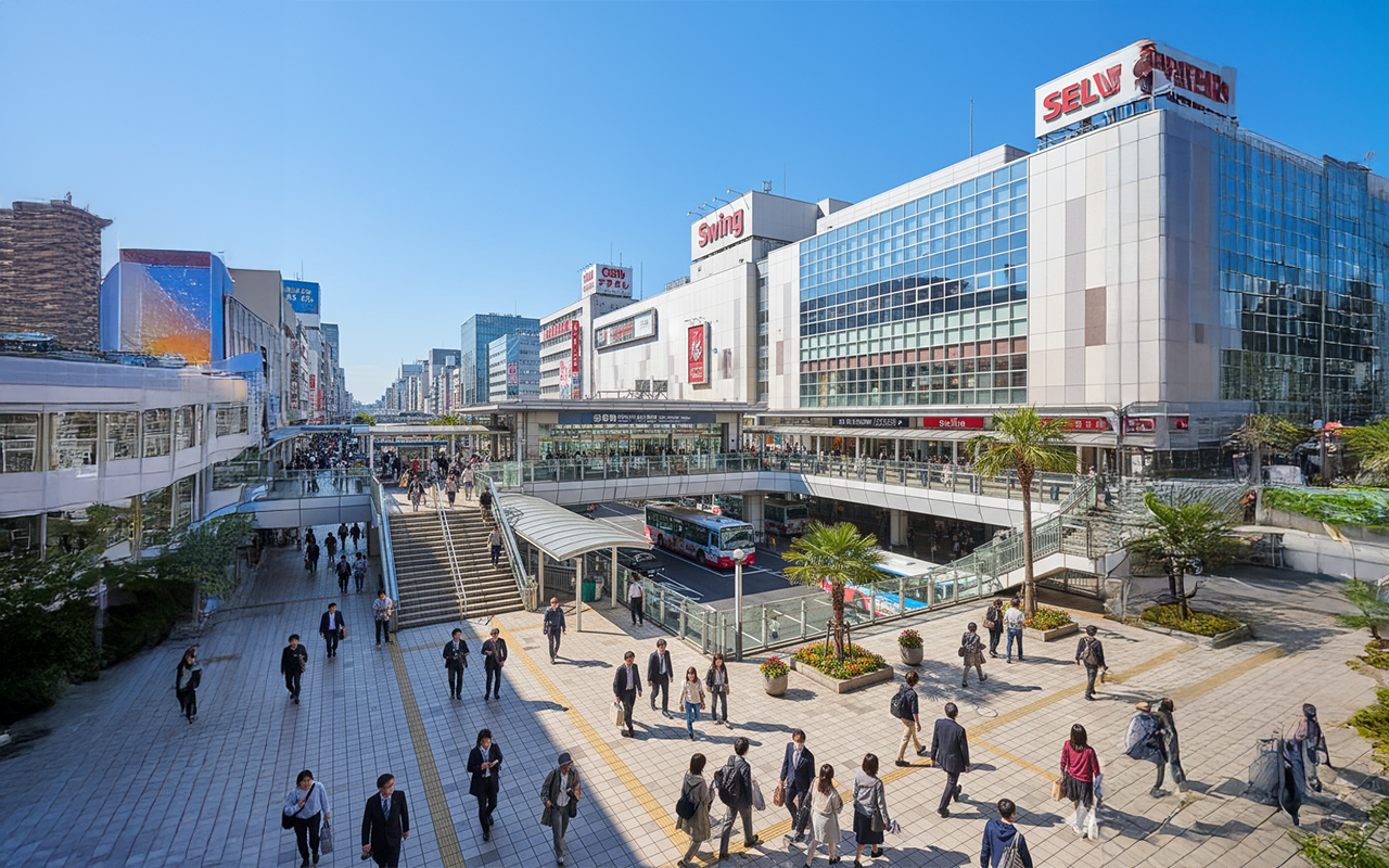 晴天の下、駅ビルや商業ビルが立ち並ぶ駅前広場。ペデストリアンデッキやロータリーを多くの人々やバスが行き交う様子。