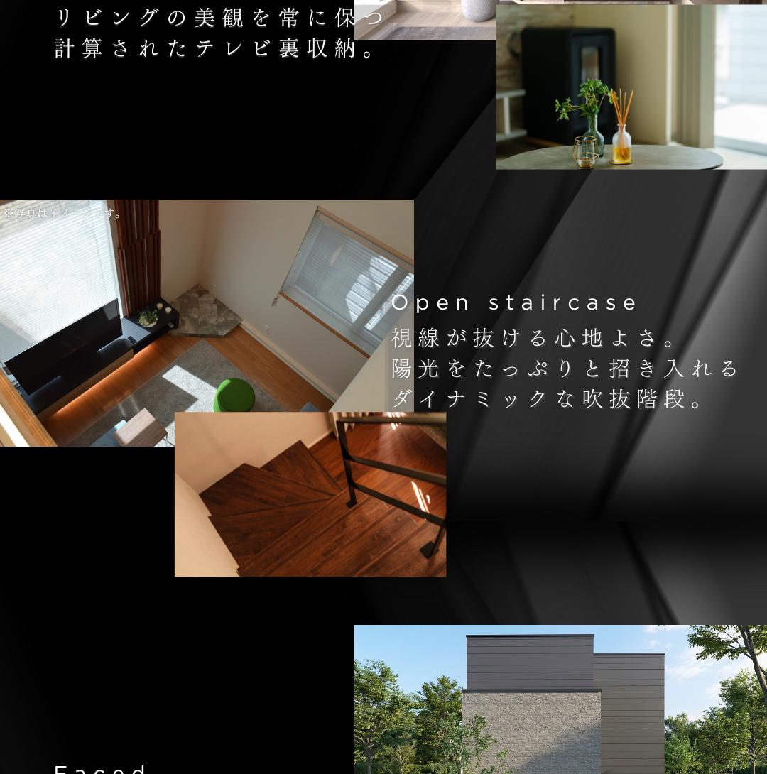 吹き抜けのあるリビングの俯瞰、木目のオープン階段、モダンなグレーの箱型外観、テレビ裏収納のディテールを紹介する複数の施工写真。