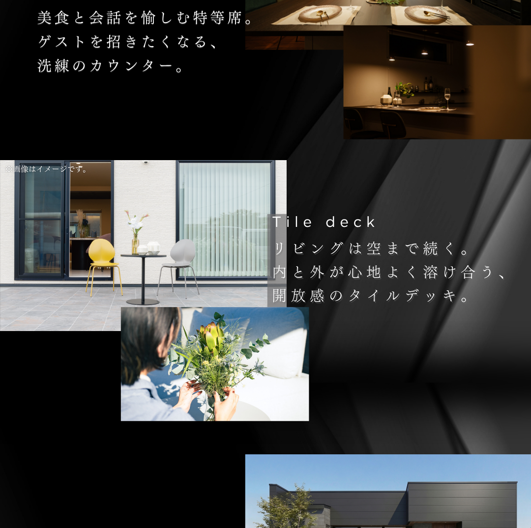 リビングとフラットにつながる開放的なタイルデッキ。内と外が心地よく溶け合うアウトドアリビング設計。美食と会話を愉しむ洗練されたオーダーカウンターのある平屋。