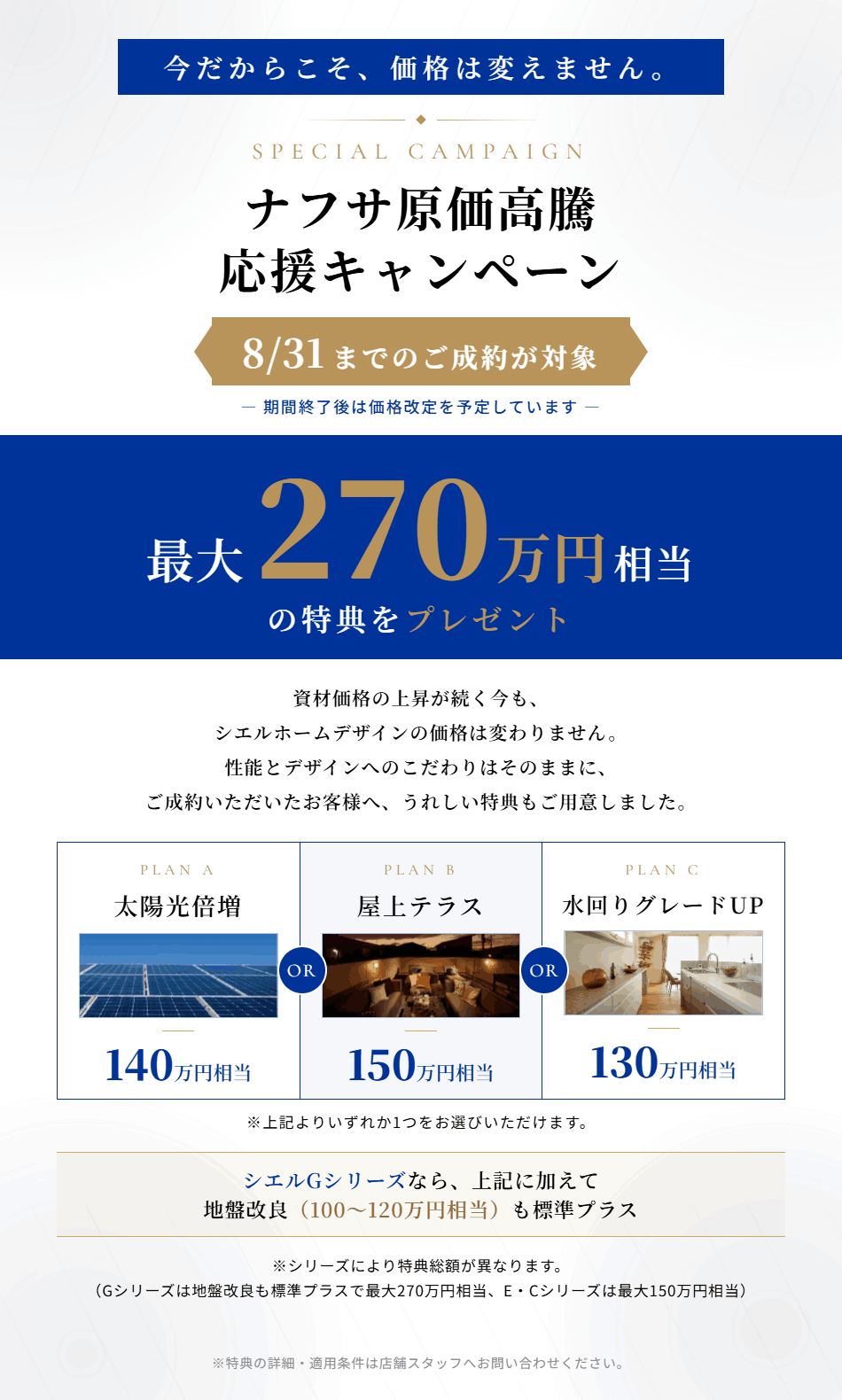 シエルホームデザインのナフサ原価高騰応援キャンペーンバナー・8月31日成約で最大270万円相当の特典