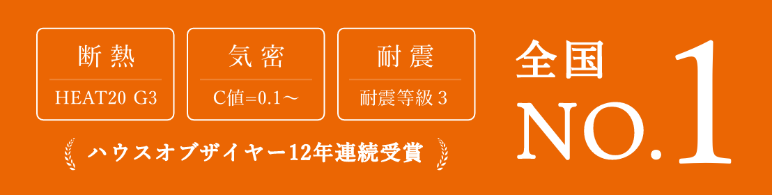 断熱HEAT20 G3・気密C値0.1〜・耐震等級3で全国No.1、ハウスオブザイヤー12年連続受賞