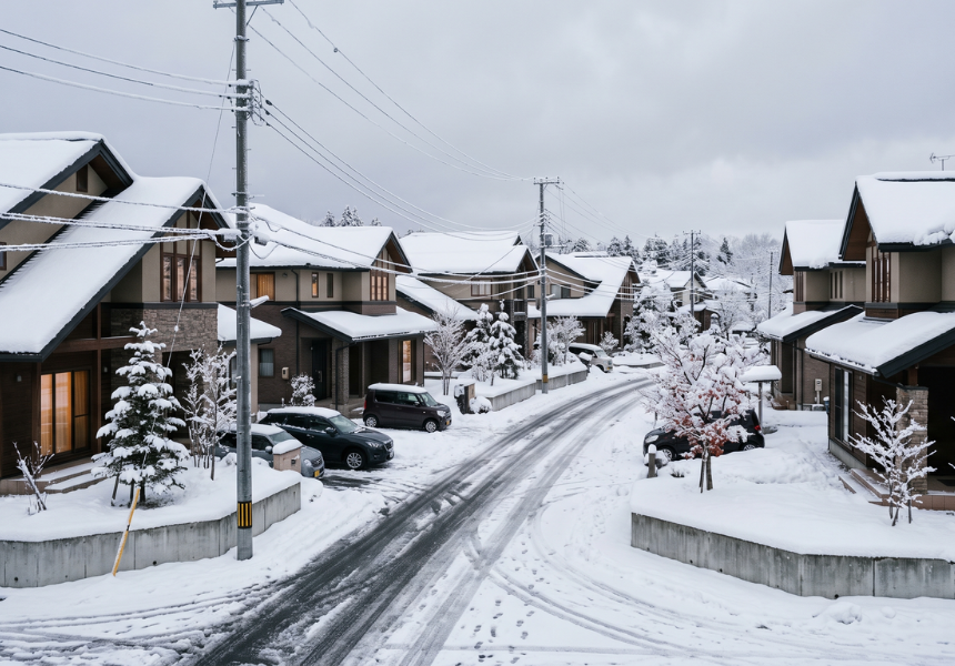 天童市内の雪が積もった住宅街。深い軒と勾配のある屋根で雪の重さと落雪に配慮した設計の家並み
