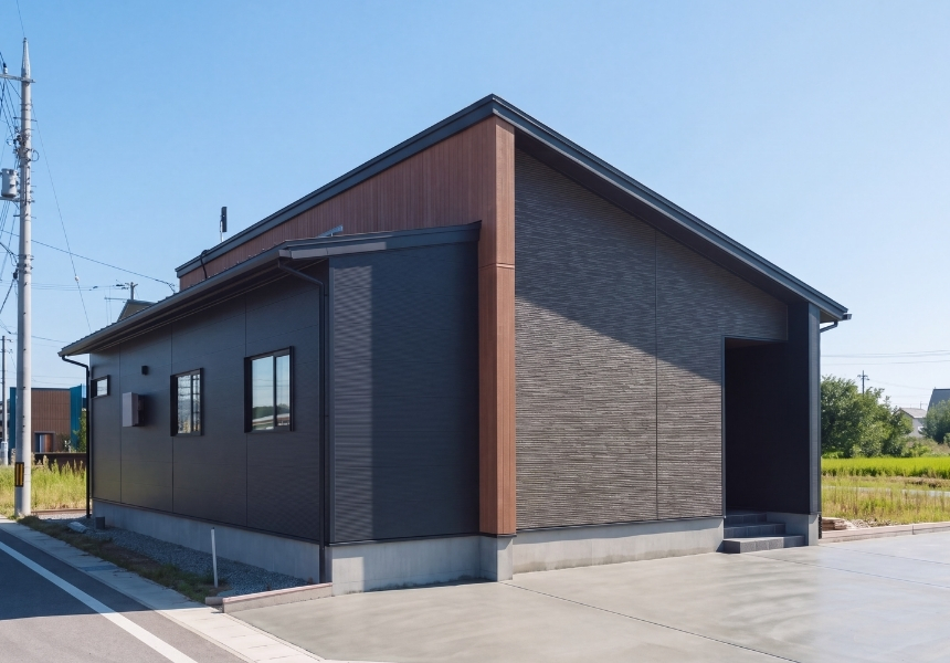 片流れ屋根の26坪平屋を斜めから見た外観・ブラウン系とダークグレーの外壁を張り分けた米沢市中田町のオープンハウス