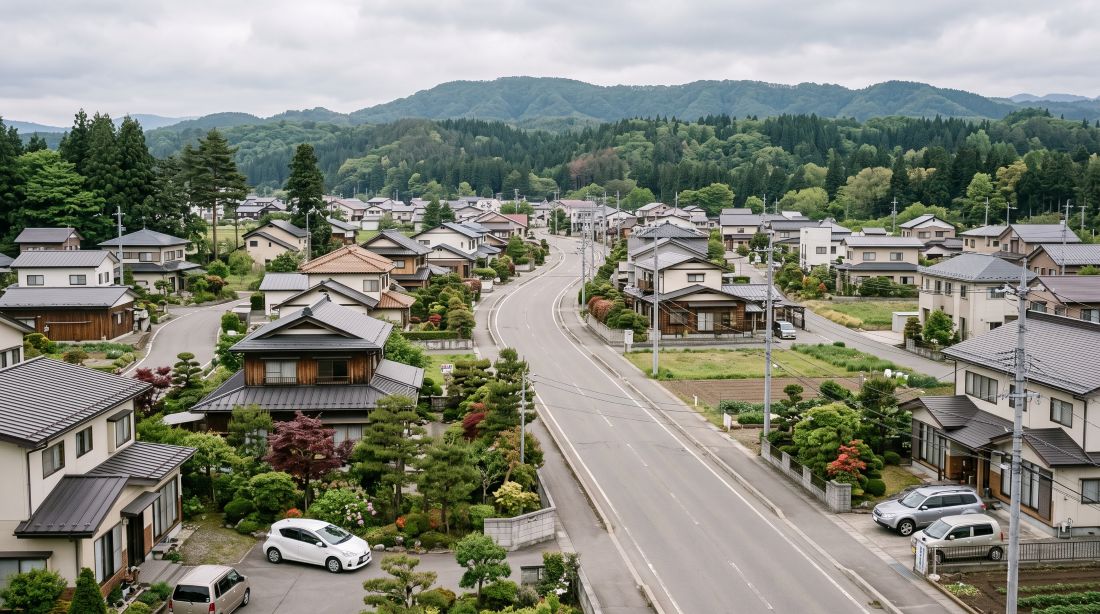 山形県の住宅街と背景の山並み。注文住宅の土地選びと費用計画を考える東北の街並み