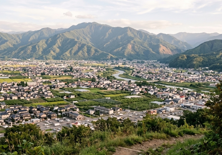 福島盆地に広がる福島市の街並みと、西に連なる吾妻連峰。山に挟まれた盆地の地形