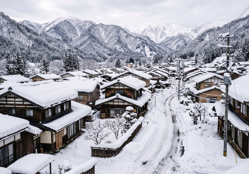 雪に覆われた米沢市の住宅地と、盆地を囲む山並み。最深積雪が1メートルを超える米沢盆地の冬