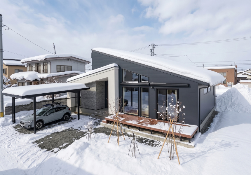 置賜地方で建てた注文住宅の冬の外観。屋根の雪と駐車スペース、雪の置き場を確保した配置計画
